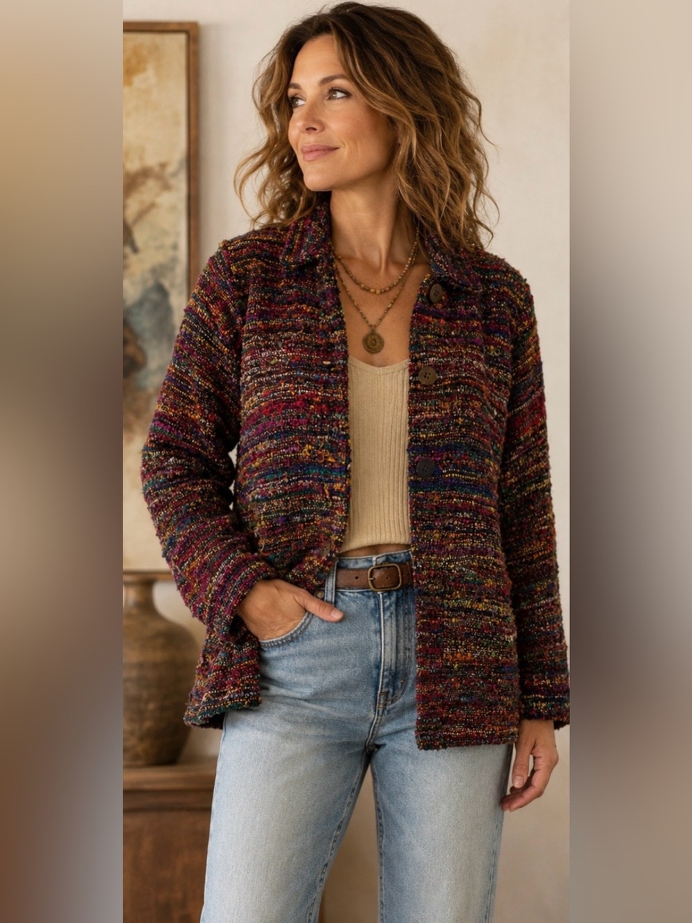 The Territory Ahead 100% Silk Tweed Textured Rainbow Jacket Artsy Luxury Women S